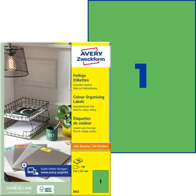 Produktbild von Avery Zweckform 3472, Farbige Etiketten, A4, 210 x 297 mm, 100 Etiketten / 100 Bögen, grün
