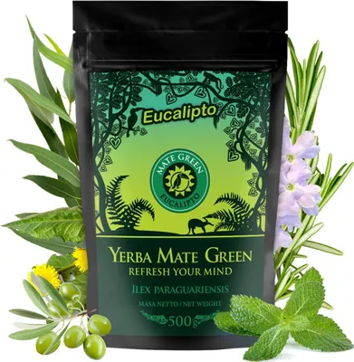 Produktbild von Mate Green Eucalipto 0,5kg - Brasilianischer Mate Tee mit Eukalyptus, Rosmarin, Löwenzahnwurzel, Lapachorinde, Olivenblatt, Zitronenverbene und Minze