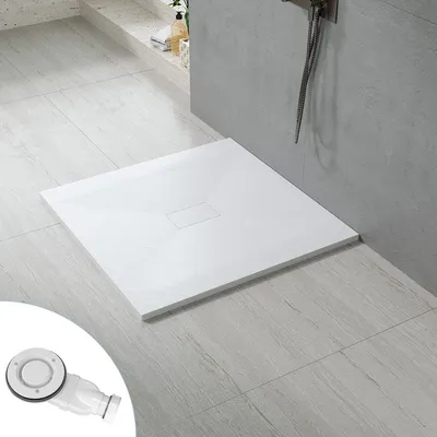 Produktbild von AQUALAVOS 100x100cm Rechteckige superflache SMC Duschtasse Antirutsch Weiß Steinoptik zuschneidbar bodenebene Montage Duschwanne mit Ablaufgarnitur