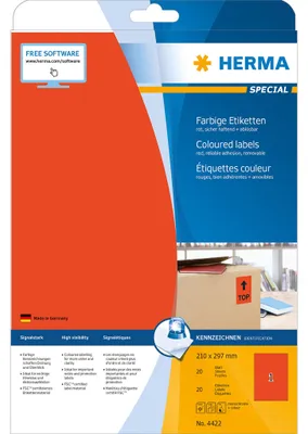 Image de HERMA Etiketten A4 rot 210x297 mm Papier matt 20 St.