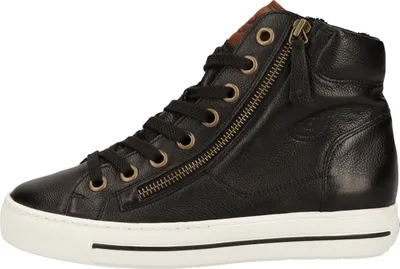A side view of a black high-top sneaker with a white sole.