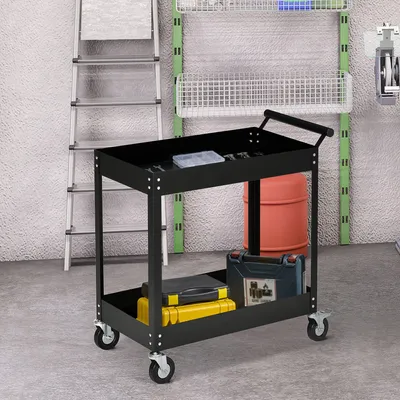 Image de Chariot d'atelier avec 2 étagères et roulettes – Chariot en acier – Capacité de charge de 150 kg