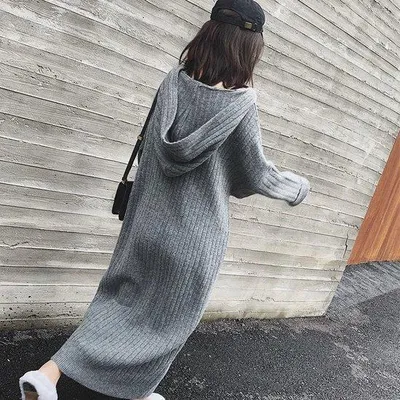 Produktbild von Famanu Damen Winterkleid mit Hoodie – Schlichte, Gebrannte Lange Ärmel, Casual Mode für Herbst und Winter, Größe M