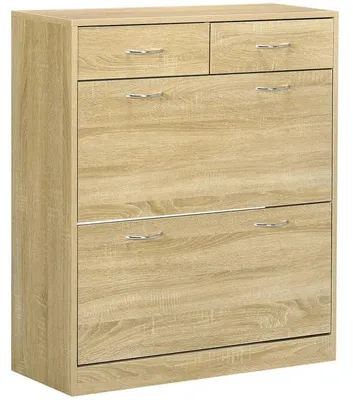 Obrázok produktu pre Skriňa na topánky - Komoda na topánky - 2 zásuvky - 2 výklopné dvierka - Nastaviteľná polička - Drevo - Hliníkové úchytky - 80 x 30 x 91,5 cm - Armygren