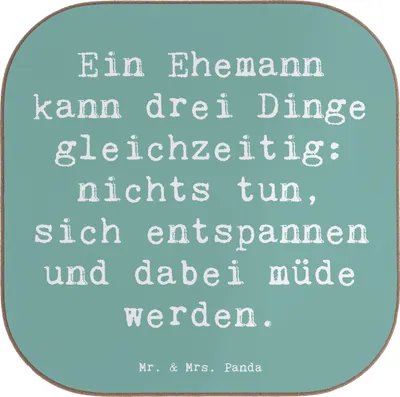 Produktbild von Mr. & Mrs. Panda Untersetzer für Gläser Spruch Ehemann Fähigkeiten - Meeresbrise - Geschenk, Müdigkeit, Zweisamkeit, liebevoller, Glas, handgemacht, Liebe, Verwandte, zum