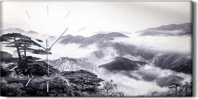 Produktbild von Wandbild Leinwand Bilder mit Uhr 60x30 Malerei Berge Wald Bäume Nebel Kunst - weiße Hände