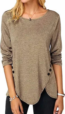 Produktbild von ASKSA Damen Langarm T-Shirt Rundhals Einfarbig Langarmshirt Lose Tunika Bluse Oberteile, Aprikose, L