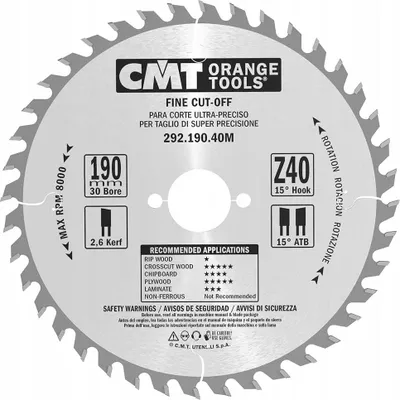 Immagine prodotto di CMT | Lama per legno, taglio trasversale ø 190/30 mm Z40 WZ/ATB