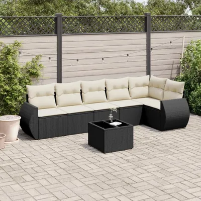 Produktbild von Design 7-tlg. Garten-Sofagarnitur mit Kissen Schwarz Poly Rattan, Gartenmöbel-Sets 2024 Neu