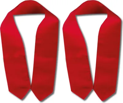 Two red sashes are laid out on a white background.