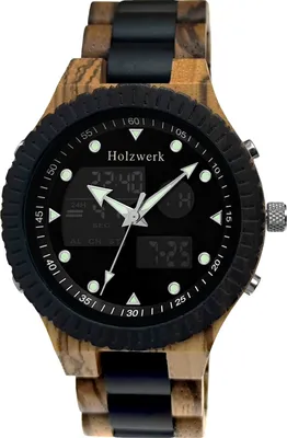 Produktbild von Holzwerk HALLSTADT Designer Holz Digital & Analog Uhr mit Datum, schwarz, beige