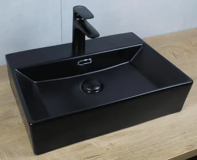 Produktbild von Keramik Waschbecken eckig 510x360x130 schwarz matt mit Überlauf Aufsatzwaschbecken Wandmontage mit Pop-Up Ablauf schwarz-matt