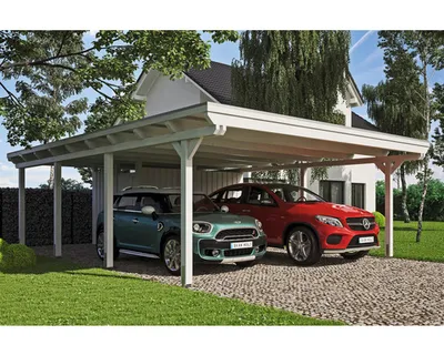 Produktbild von Doppelcarport SKAN HOLZ Emsland inkl. Abstellraum, Pfostenanker 613 x 846 cm weiß