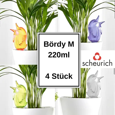 Produktbild von Scheurich Wasserspender Bördy M | 4er Set Lila/Grün/Transparent/Orange | 220 ml Füllmenge | Bewässerungskugel klein mit Ton Fuß | Wasserspender Pflanzen und Blumen Terrakotta Stiel
