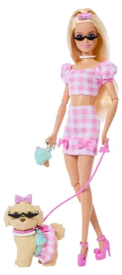Produktbild von Barbie Twinning Looks Modepuppe mit Hündchen, zusammenpassende rosa Outfits und Accessoires, blond, Modepuppe, Weiblich, 3 Jahr(e), Mädchen, 295 mm, 300 g