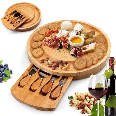 Image de Solidchoice - Planche à fromage ronde en bambou avec 4 couteaux