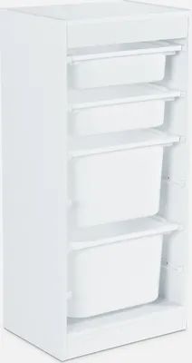 A white storage unit with four drawers against a white background.