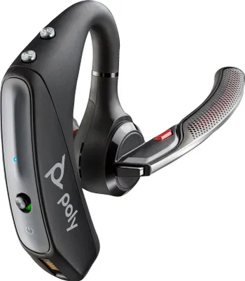 A close-up studio shot of a black and silver Bluetooth headset.