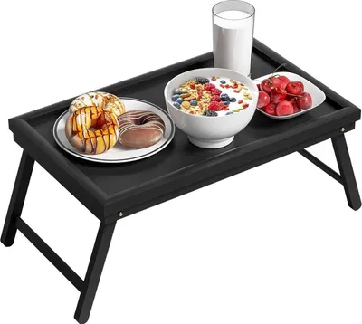 Image de Plateau de petit déjeuner Bambou Pliable Plateau de lit Plateau repas Pied Table de plateau Table de lit pliante 50x30x23 cm Noir