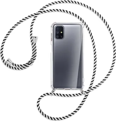 Produktbild von Handykette Backcover-Schutzhülle mit Band (Metall silberfarben) für Samsung Galaxy M51 - schwarz/weiß gestreift