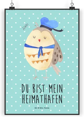 Produktbild von Mr. & Mrs. Panda Bild Eule Matrose DIN A3 - Türkis Pastell - Geschenk, Heimathafen, drucke, Poster, Wandbild, Spruch, Owl, wanddeko, Ehe, Plakat, Freundin