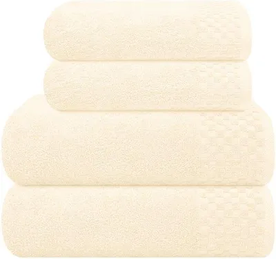 Obrázok produktu pre Sada 4 bavlnených ručníkov Unyqoos®, farba slonovinová – 2 kusy: 70 x 140 cm a 2 kusy: 50 x 90 cm, 100% bavlna, veľmi jemné, vysoko savé, rýchlo schnúce
