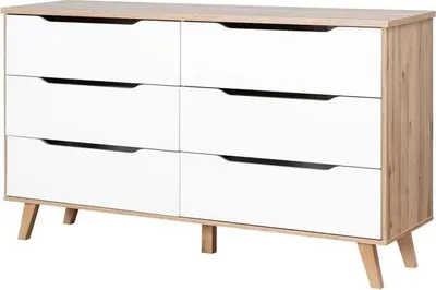 Image de Commode VANKKA 6 tiroirs, 154,7x86,3x42 cm, Panneaux de particules chêne et blanc, 4 pieds + 1 pied de stabilisation