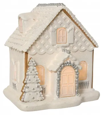 Imagen del producto de Decoración navideña LED, casita de plástico, color blanco y plateado, 21 × 18,5 × 20 cm