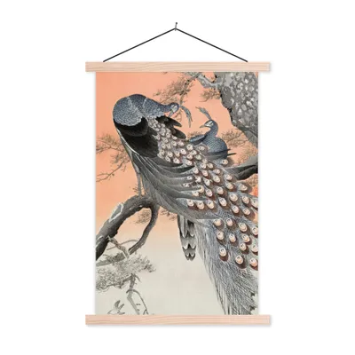 Produktbild von MuchoWow® Textilposter Japanisch - Pfau - Baum - Federn 40x60 cm mit holzfarbenen Rahmen - Poster