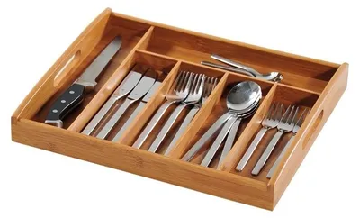 Productafbeelding van Bamboe Bestekbak Dienblad met Handvatten | Besteklade Dienblad 6 Vaks | Bestek Opbergbak Organizer | Afm. 38 x 32 x 5.3 cm | Kleur: Bamboe Hout
