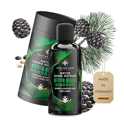 Produktbild von Cristinen Moor Natur Saunaaufguss Zirbe & Melisse - RE GENERATE | 100ml | vegan | hergestellt in Deutschland, Saunaduft, Aufgussmittel Konzentrat