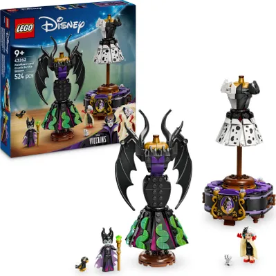 Produktbild von LEGO Bauset, Malefiz & Cruella De Vil Bösewichte, mit 2 Mini-Puppen und 2 Tierfiguren, anpassbarer Ständer, Geheimfach, für Kinder ab 9 Jahren, 524 Teile, 24x10x10 cm (HxBxT), 43262