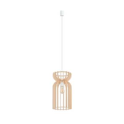 Produktbild von Hängeleuchte Metall Holz E27 D: 26 cm H: max. 160 cm Weiß Natur rund Skandinavisch Hängelampe