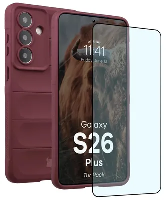 Produktbild von Robuste Handyhülle + gehärtetem Glas für Galaxy S26 Plus, Bizon Tur Pack, Burgunderrot