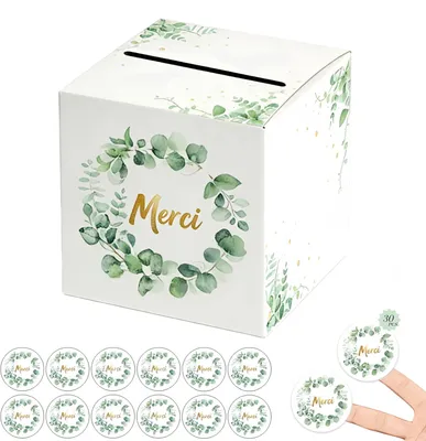 Imagen del producto de Caja de cartón blanco, de 22x22x22 cm, con 30 pegatinas de agradecimiento, ideal para bodas
