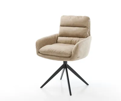 Produktbild von DELIFE Esszimmerstuhl Abelia-Flex mit Armlehnen Mikrofaser Beige Vintage Kreuzgestell breit Schwarz