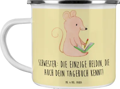 Produktbild von Mr. & Mrs. Panda Teetasse Schwester Heldin - Gelb Pastell - Geschenk, Tagebuch, Teebecher, Familiengeschenk, Emaille Tasse, Weihnachten, Familie, Becher, Pott, Kaffeepott