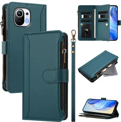 Immagine prodotto di Custodia per Xiaomi Mi 11, con cerniera, portafoglio in Finto cuoio con tasche per carte, supporto e passante per la mano verde
