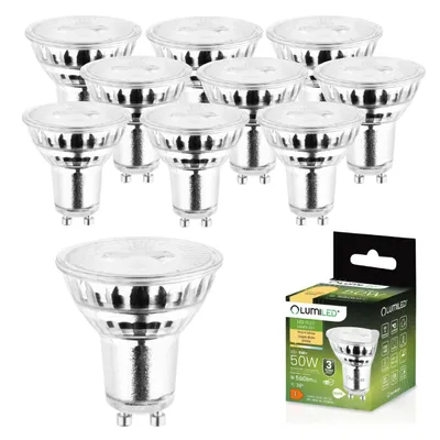 A collection of LED light bulbs and a product box.