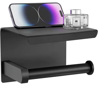 Productafbeelding van Strex WC Rolhouder met Plankje - Zwart - Zelfklevend / Boren / Zonder Boren - Toiletrolhouder - WC Papier Houder