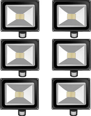 Immagine prodotto di 6 faretti LED SMD da 80 W con sensore di movimento PIR, Greenmigo 120° IP65, corpo in alluminio nero, luce bianco caldo
