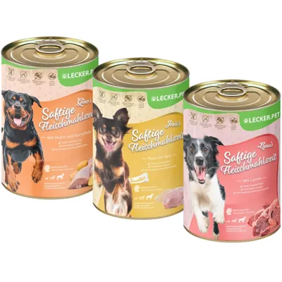 Produktbild von 18 x 400 g Lecker.Pet® Gino's, Josie's & Luna's Saftige Fleischmahlzeit Hunde Nassfutter Mix Vollnahrung - je Sorte 6 Dosen