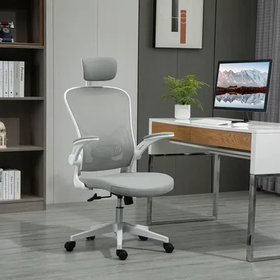 Immagine prodotto di okwish Sedia girevole da ufficio, sedia da ufficio con schienale alto, sedia da scrivania con schienale curvo in rete, sedia da computer con supporto lombare e poggiatesta, grigio