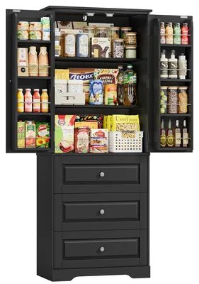Produktbild von Küchenschrank - Hoher Vorratsschrank mit 2 Türen 3 Schubladen - Verstellbare Einlegeböden - Stauraumschrank 60x40x150 cm - Schwarz