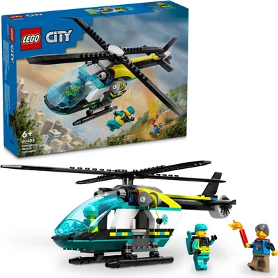 Produktbild von LEGO City Rettungshubschrauber, Hubschrauber-Spielzeug für Kinder, Helikopter mit Seilwinde, Rotoren und 3 Figuren inkl. Pilot, Wanderer und Luftretter, Geschenk für 6-jährige Jungs und Mädchen 60405