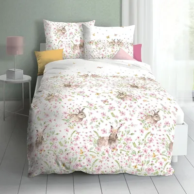 Produktbild von Kaeppel Mako-Satin Bettwäsche Häschen rosa 135x200 cm + 80x80 cm