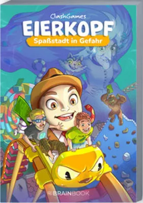 A cartoon illustration of characters on a roller coaster with a fantastical background.