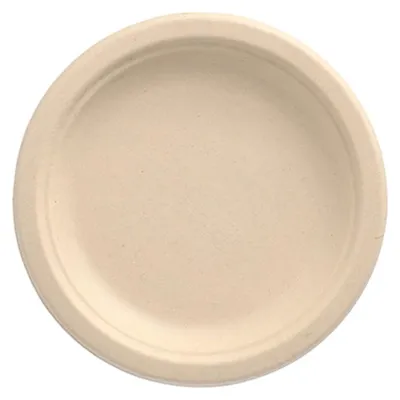 Produktbild von PAPSTAR Teller aus Zuckerrohr "pure", ungeteilt, Ø 15 cm, natur | Schrumpffolie (50 Stück)
