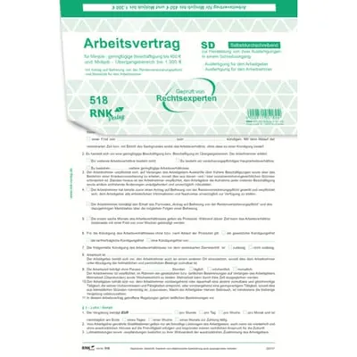 Produktbild von RNK Arbeitsvertrag DIN A4 SD 2x2 Bl geringfügig-/Teilzeit-Beschäftigte