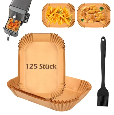 Produktbild von 125 Stück Backpapier für die Ninja Double Stack XL SL400EU/Ninja Foodi MAX Dual Zone AF400EU 9,5L Heißluftfritteuse, Backpapier für die Heißluftfritteuse und ein Silikonpinsel, BPA-freies Zubehör für die Heißluftfritteuse.
